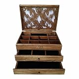 J-Roland Dreischicht Carvings Hohl Hart Holz Schmuckkasten Schmuckkoffer Schmuckkästchen Schmuckschatulle Vitrine Holz mit Samt - 2