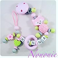 Schnullerkette mit NAMEN - 3D Fuchs - Blümchen - Herzchen- Ring - Babyrosa, Lemon, Hellgrau