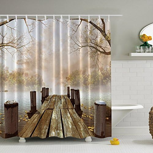Digital Printing Fall Wooden Bridge Shower Curtain, Waterproof Mildewproof Polyester Fabric Bath Curtain with 12 Hooks, Vintage Rustic Decor Seascape Shower Curtain for Bathroom Toilet Home Decoration (71x71 inch)