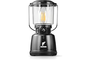 FAVOUR Lampara Camping Retro Filamento LED | Linterna Camping recargable | Farol LED Impermeable y Robusta IP64, Iluminación regulable, Modo Luz de Vela | Iluminación Carpa 360 Grados, gancho integrado