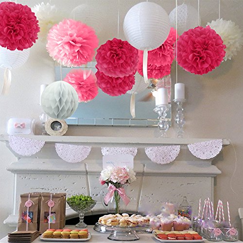 MOONPOP DIY Pom Poms Deko 9 Set - Inhalt 3x Paper Flower Ball 10“, 3x weiße Laternen 10“ und 3x weiße Wabenbälle 8“ für Hochzeit Geburtstag Party Hause Deko (Pink Serie)