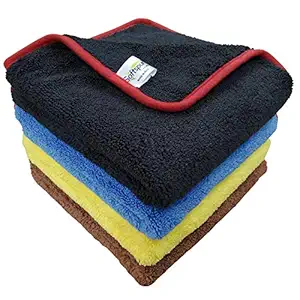 SOFTSPUN Microfiber Both Sided High Loop, Silk Banded Edge, Car Cleaning Cloth, 40x40 Cms, 4 Piece (Multi-Color) Towel Set, 760 GSM! Thick Lint & Streak-Free Multipurpose Cloths.