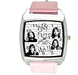 Taport® Quarz-Armbanduhr, rechteckig mit ‚Pink Floyd‘-Motiv, Echtleder-Armband in Rosa + gratis Ersatzbatterie + gratis Geschenkbeutel