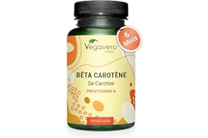 Bêta Carotène Vegavero® | 100% NATUREL & Vegan | Sans Additifs | Bronzage & Protection Peau | Extrait de Carotte Riche en Vitamine A | 180 gélules (6 mois)