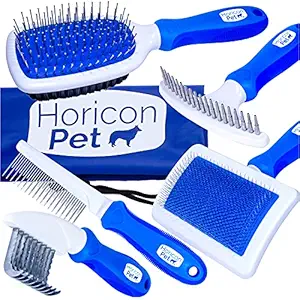 Horicon Pet 6 in 1 Premium Dog Brush Set - Dog Grooming Brushes - Ball Pin & Bristle Brush, Curved Blade Dematting Comb, Slicker Brush, Deshedding Edge Comb, Detangling Pet Comb