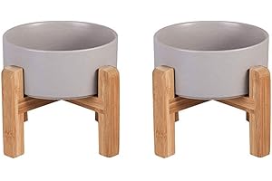HCHLQLZ Cuencos elevados de cerámica gris para perros - Plato comida con soporte agua y alimentos dobles antivómitos Tazón mascotas almohadilla goma antideslizante Sin estrés medianos Juego 2