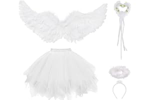 ASFWAGQ 4 Stück Engel Kostüm Damen Set Engelsflügel Weiß 80CM Engel Kostüm Damen Engels flügel Kostüm Tüllrock mit Heiligenschein Zauberstab für Halloween Karneval Cosplay Party