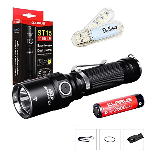 Bundle: KLARUS ST15 CREE xp-l Hi V3 LED 1100 Lumen watereproof Taschenlampe mit 18650 Akku und thenines USB-Light