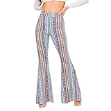 Damen Hosen cinnamou Frauen Breite Beinhosen, Frauen-Reizvolle Gestreifte Gedruckte Elastische Bund-Breite Hosen Sommerhosen, Mittlere Taille, Boho Check Hosen (L, Blau)