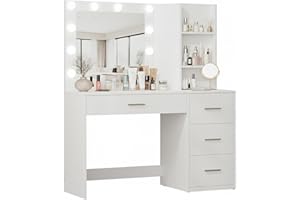 Avilia - Postazione Trucco Completa con Specchio Luminoso LED Regolabile, 4 Cassetti Capienti, Ripiani Laterali e Design Moderno, Toeletta da Trucco Salvaspazio per Casa e Camera da Letto (Bianco)