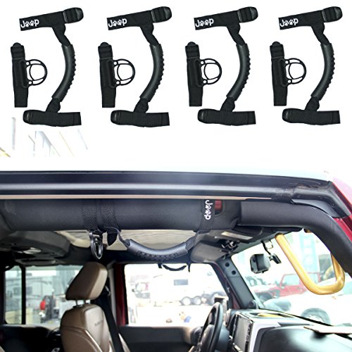 4pcs Black Cat Dog Paw Print JEEP LOGO Grip Handle Grab Bar Handles for Jeep Wrangler YJ TJ JK JKU Sports Sahara Freedom Rubicon X & Unlimited X 2/4 door Roll Bar 1995-2016