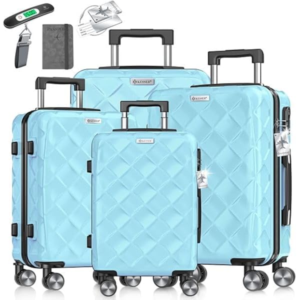 tillvex Reiskofferset 4 delig bagageweegschaal, 8 x kofferriemen en 4 x kofferaanhangers, kofferset 4 wielen, trolley, bagage, koffer, TSA slot, kofferset met harde schaal, S M L XL, lila, Kofferset