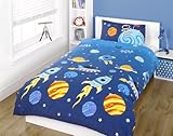 BOYS ROCKETS SPACE & PLANETS SINGLE DUVET COVER & PILLOWCASE - BLUE, Blue, Single (135x200cm)