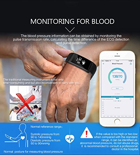 ROGUCI Smart Armband Wristband, IP67 Wasserdichte Blutdruck Oxygen + Oximeter Herzfrequenz Müde Monitor Fitness Schlaf Gesundheit Tracker, Smart Sport Tracking Armband Für iOS 8.0 Android 4.4, tägliche Laufleistung Pedometer Schritt Zähler Kalorien verbrannt Messung Call SMS Erinnerung Sesshaft - 2