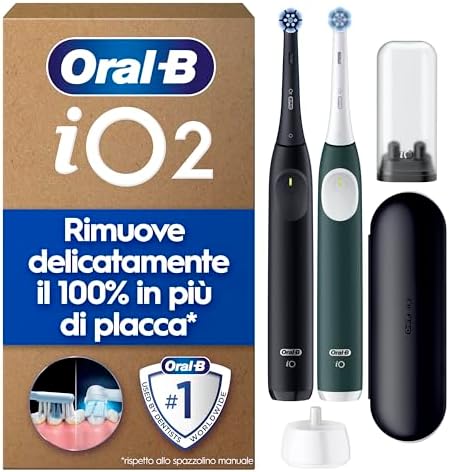 Oral-B iO 2 DUO Spazzolino Elettrico Oral B, Nero e Verde, 2 Testine Di Ricambio e Spazzolini, Custodia Da Viaggio, Porta Ricarica Da Viaggio. Delicato sulle Gengive, Sensore di Pressione