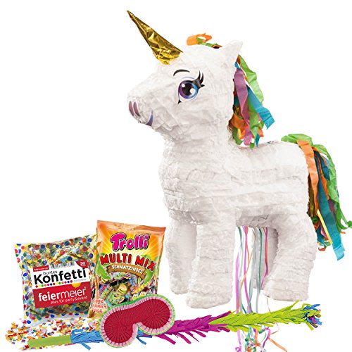 PINATA-SET: Pinata Süßes Einhorn mit Goldenem Horn + Schläger + Maske + Trolli Süßigkeiten-Füllung + Konfetti - PARTYMARTY GMBH®