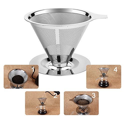 BoRui Edelstahl Kaffeefilter,Handfilter wiederverwendbare Kaffee Filter Double Layer Mesh Kaffee Dripper mit Cup Stand (Silber)