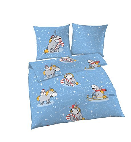 IDO Fein Biber Bettwäsche Set EINHORN SWEET CHRISTMAS UNICORN | Qualitäts-Bettwäsche aus 100% Baumwolle, Bettbezug 135x200 cm, Kissenbezug 80x80 cm