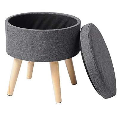 WOLTU® SH08dgr-1 Tabouret rond pouf coffre de rangement repose-pieds,siège en lin pieds en bois massif,Gris Foncé