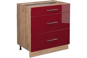 ‎VICCO Vicco Küchenunterschrank Fame-Line, Bordeaux Hochglanz/Goldkraft Eiche, 80 cm mit 3 Schubladen, ohne Arbeitsplatte