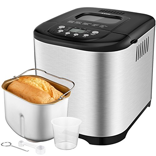 Aicok Brotbackautomat, 2.2LB Programmierbare Brotbackmaschine Edelstahlgehäuse mit 15-Stunden-Verzögerungs-Timer, 15 Programmen - Glutenfreie Vollweizen-Brotbackmaschine