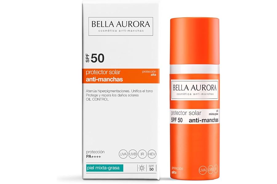 Bella Aurora Protector Solar Facial Antimanchas SPF 50+ | Protección Muy Alta UVA UVB IR Luz Azul | Control Brillos y Absorci