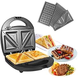 OZAVO 3 en 1 Sandwich Grill Gaufrier,Sandwitch Toaster 3 Plaques de Gril Amovibles Croque Gaufre Appareil à Croque-Monsieur Acier Inoxydable Pain Grillé Américain Viande avec Indicateur lumineux 750W