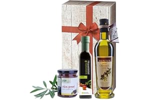 ‎ARISTOS 3tlg griechisches Olivenöl Geschenk-Set | Bio Essig | Extra Natives Olivenöl | Schwarze Tapenade | Geschenkkarton mit Holzoptik und Schleife | ARISTOS (Olivenöl, Essig & Tapenade)