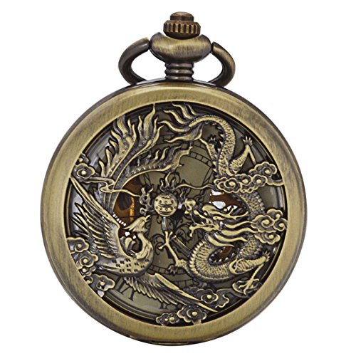 ManChDa® Antike Mechanische Taschenuhr Lucky Dragon & Phoenix (Wünsche) Bronze Skelett-Zifferblatt mit Kette + Geschenk-Box ManChDa® Antike Mechanische Taschenuhr Lucky Dragon & Phoenix (Wünsche) Bronze Skelett-Zifferblatt mit Kette + Geschenk-Box