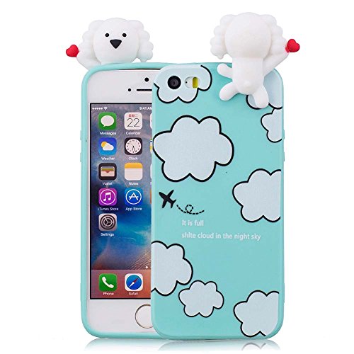 Aeeque iPhone 5S Coque Silicone Bleu Clair, Mignon Blanche Chien 3D Etui pour iPhone 5S 5 Se Ultra Slim Antichoc Retour Souple de Protection Téléphone Accessoire avec Motif Blanc Nuages