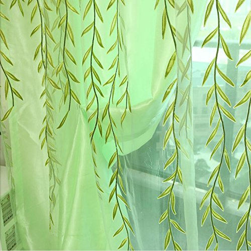 1m * 2m Curtains Rural Style Willow Leaves Pattern Offset Blind Printed Glass Yarn for Door Window Decor (Green)
