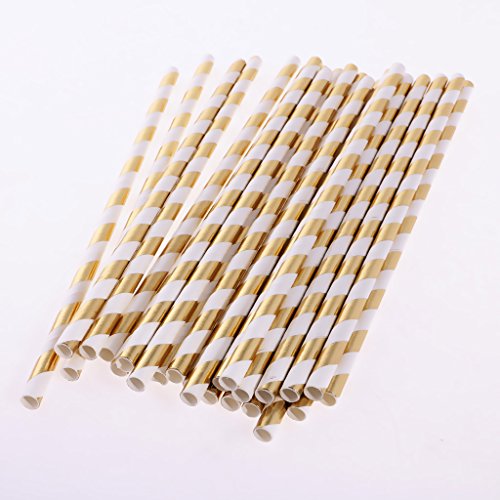 MagiDeal Papier Trinkhalm Biologisch Papier Stroh, 25 Stück – Weiß Gold, 20cm - 6