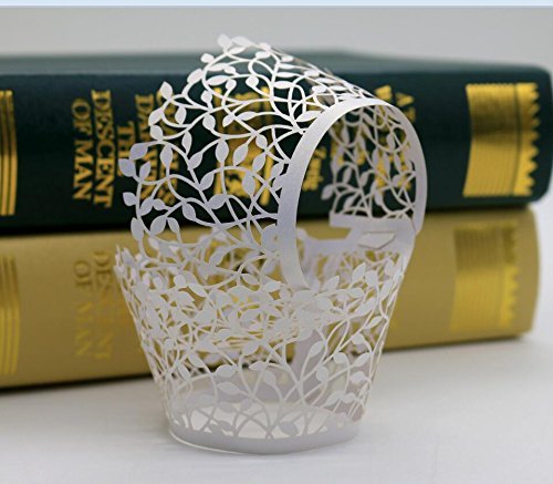 Cupcake Wrappers White Shimmering Decorative Vine Lace Liner for Weddings Party Birthday or any Special Event (Cream White)