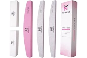 MYNAILS - Lima professionale per unghie, set di 5, 2 lime per unghie mezza luna 100/180, 2 buffer unghie bianche 180/180 e 1 lime per unghie Buffer mezzaluna rosa e bianco 100/180, confezione