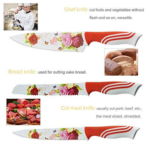 Edelstahl 5 Stück Messer Set mit Messer-Box, Kissal Küchenmesser mit schönen gedruckten Blumen Kreatives Leben Wonderful Kitchen – Rot - 3