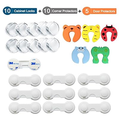 Dioxide [Version améliorée] Dioxide Kits de Sécurité des Enfant 10 x Bloque Placards et Loquets et 10 x Coin de Table Sécurité Bébés Enfants avec Adhésif Fort Bonification 5 x Protection en Mousse pour Porte Cabinet de Cuisine Tiroir