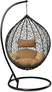 Single Seater |Swing Chair with Stand & Cushion & Hook Outdoor Indoor| Outdoor| Living Room | Balcony | Garden | Patio | Home Improvement(Stand_Brown, Basket_Brown, Cushion_Mustered)