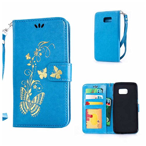Galaxy S7 Edge Hülle Ledertasche [mit Frei Hartglas Displayschutzfolie], KKEIKO® Schutzhülle PU Leder Tasche Hülle Case für Samsung Galaxy S7 Edge, Wickelfalz Handyhülle mit Bändselloch Standfunktion Karteneinschub und Magnetverschluss, Kratzfeste Lederhülle Flip Wallet (Blau #7)