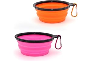 SLSON 2PZ Ciotola Pieghevole per Cane,Ciotola Viaggio Cani con Moschettone Alpinismo,Ciotola Portatile Usato per Gatti,Cani e Animali Domestici per L’Acqua e Cibo (350ml, Arancione e Rosa)