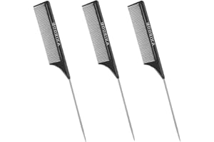 BOORIKA 3PCs Hair Comb, Rat Tail Comb 100% Anti-static, Heat resistant, Lightweight, Durable with anti-skid paddle and Stainless-Steel Pintail for All Hair Types (Pack of 3)