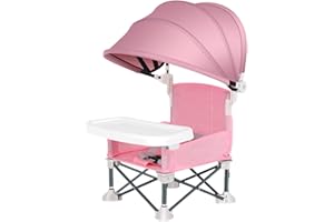 QIKAM Chaise de Camping pour Bébé, Chaise Plage Bebe avec Plateau Amovible et Parasol, Chaise Bebe Pliante, Rehausseur Chaise Enfant, Chaise d'alimentation pour Bébé Pliable, Chaise Haute Bébé