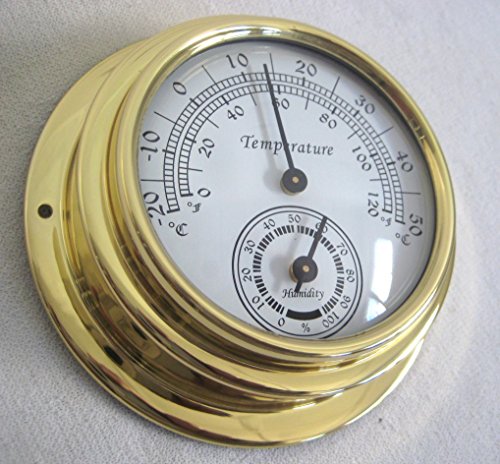Kleines, leichtes Hygro-/Thermometer in Bullaugenform aus Messing- Durchmesser 10 cm - 3