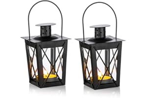 Nuptio Farol de Techo/Colgante, Farol portátil de Cristal, Linterna Retro de Hierro, araña de hogar/Patio (Negro, 2 Pcs)