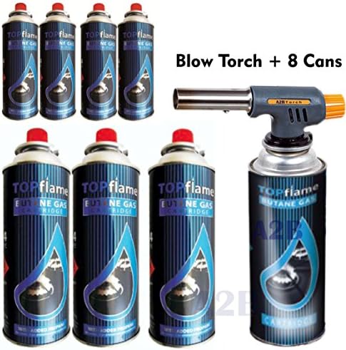 Blow Torch + Butane Gas Cans Flamethrower One Touch Auto Ignition Soldering BBQ (Blow Torch + 8 Cans)