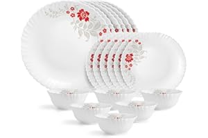 Cello Opalware Dazzle Series Scarlet Bliss Dinner Set, 18 Units | Opal Glass Dinner Set for 6 | Light-Weight, Daily Use Crock
