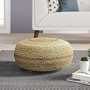 Brand Zone Premium Margo Round Pouf, Footstool, Upholstered Hand Braided Natural Jute, for The Living Room, Bedroom and Kids Room,(Multi, 50x50x25 cm)