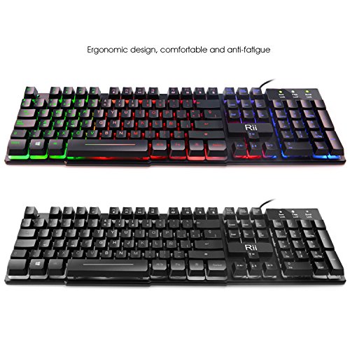 Rii RK100  Gaming Teclado Retroiluminado con 5 colores arco iris  Tacto mec  nico y alta sensibilidad  Con cable  Color negro  Teclado Espa  ol 
