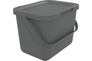 SUNDIS Loops, pattumiera per la raccolta differenziata 6L, rettangolare, in plastica riciclata grigia, con coperchio e manico, ideale per rifiuti organici, per cucina, mensa, ristorante, sala pausa