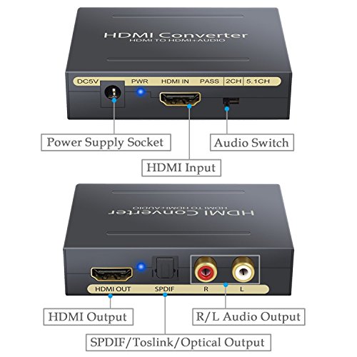 Digital Analog Wandler Digitaler HDMI zu HDMI SPDIF Toslink RCA L/R Audio Konverter Adapter – HDMI Audio Extractor Splitter 2.0 – Digitales 5.1 Toslink – SPDIF & L/R Stereo Audioausgang mit USB Kabel unterstützt 1080P für Apple TV Blu-ray DVD-Player Xbox One Sky HD Box (NICHT für 4K Geräte) – Schwarz - 2