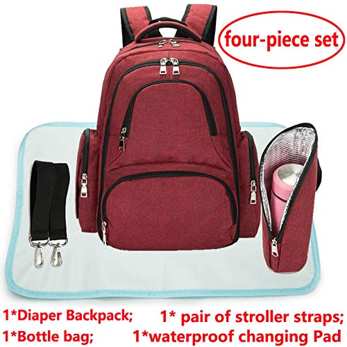 Mochila organizadora para pañales de bebé Oxford de 4 piezas, gran capacidad, 16 bolsillos, impermeable, con cambiador y correas para cochecito rojo rosso
